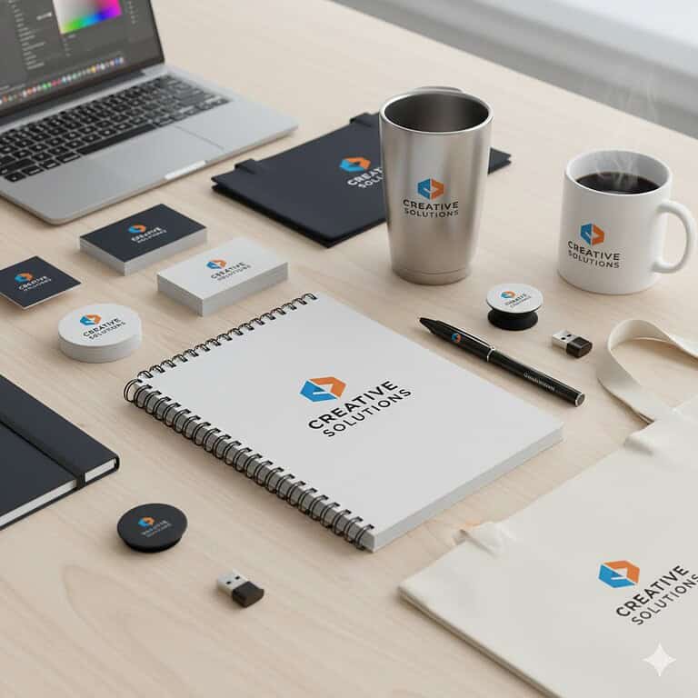 branded_promotional_products_professional מגוון מוצרי פרסום ממותגים באיכות גבוהה על שולחן עבודה מודרני, כולל עטים, יומנים, ספלים ומוצרים טכנולוגיים, המדגישים מקצועיות ואסטרטגיה שיווקית.
