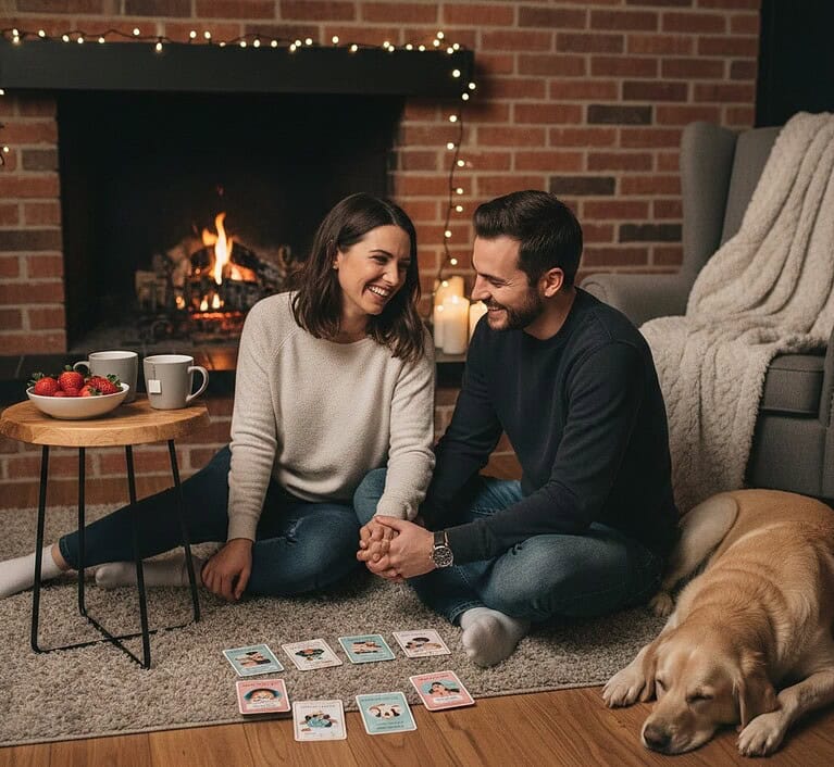 couples_card_game_relationship_strengthening זוג מחייך משחק משחק קלפים לזוגות על השטיח ליד אח בוערת, יחד עם הכלב שלהם, כדי לחזק את הזוגיות.